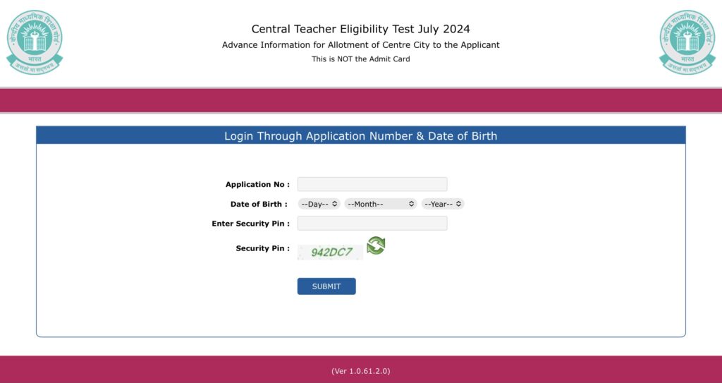 CTET Exam City Slip