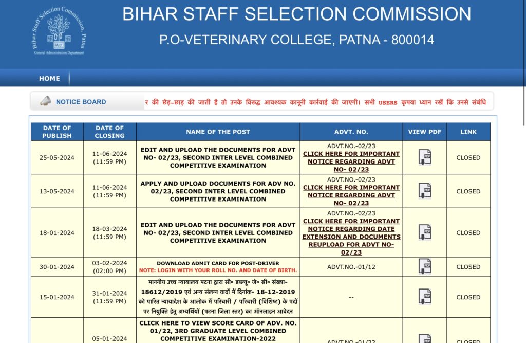Bihar SSC Inter Level Admit Card