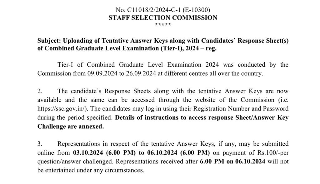 SSC CGL Tier1 Answer Key