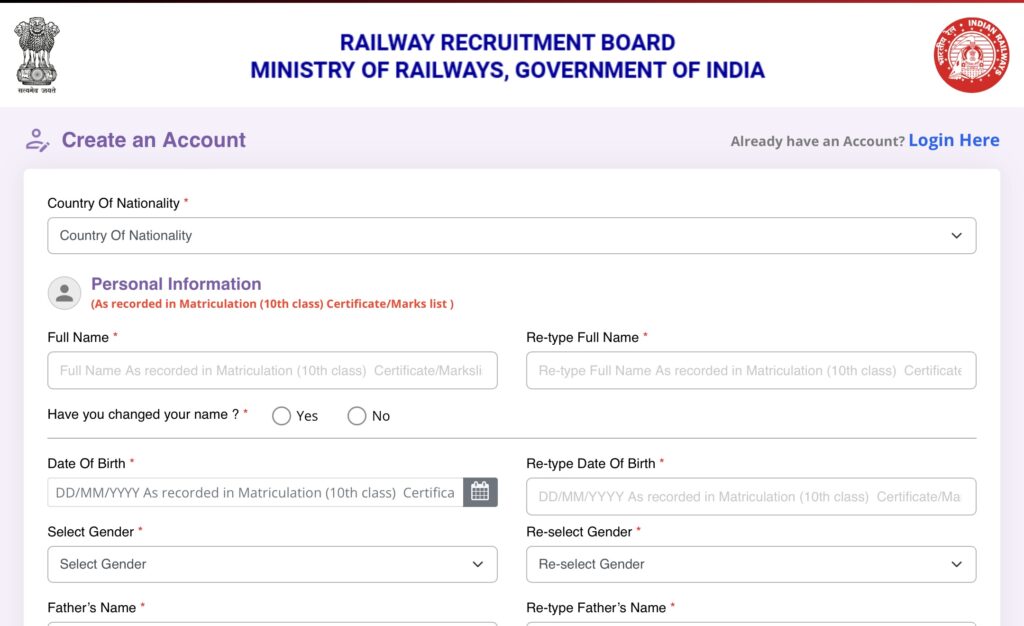 RRB JE Exam Online Registration Process