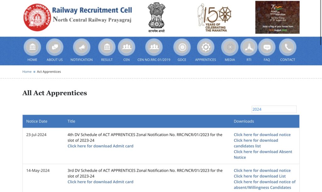 RRC NCR Apprentice Exam Admit Card