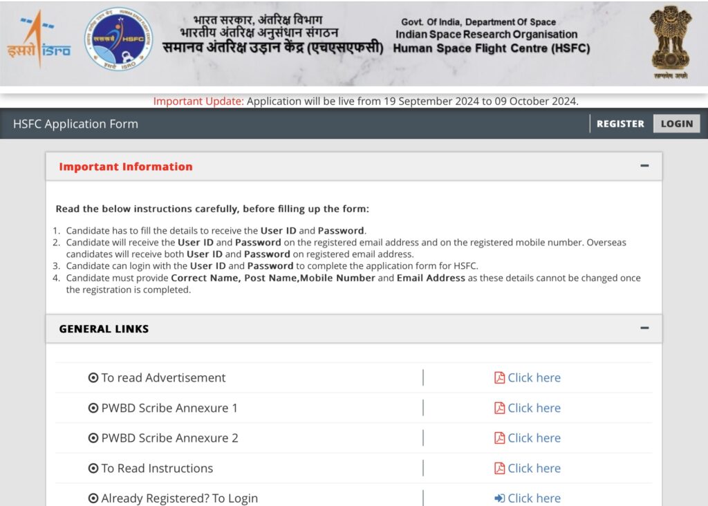 ISRO HSFC Exam Apply Online