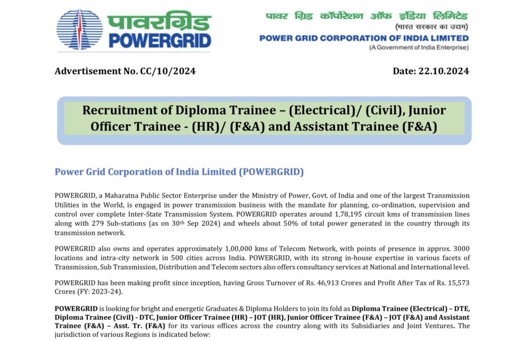 PGCIL Diploma Trainee Recruitment Notification PDF