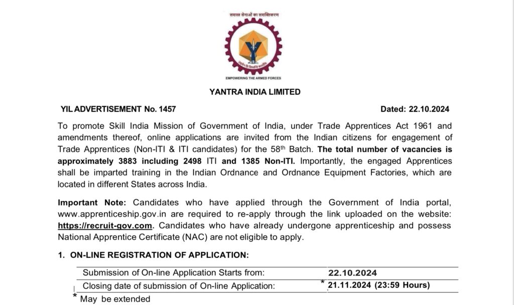 YIL Apprentice Recruitment Notification