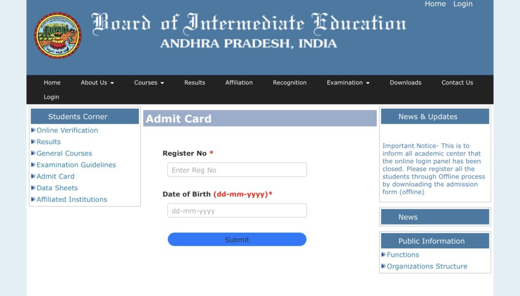 AP Inter Practical Exam Hall Ticket